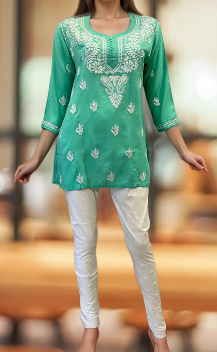 Sea Green Chikankari Short Kurti. Flowy Rayon Fabric. | Laces and Frills