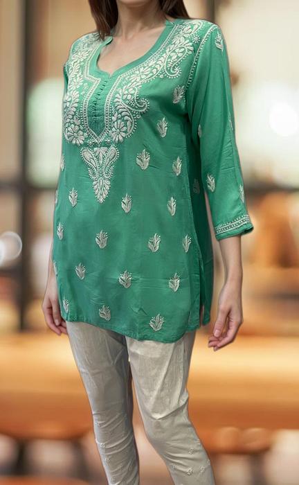 Sea Green Chikankari Short Kurti. Flowy Rayon Fabric. | Laces and Frills