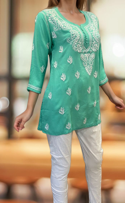 Sea Green Chikankari Short Kurti. Flowy Rayon Fabric. | Laces and Frills