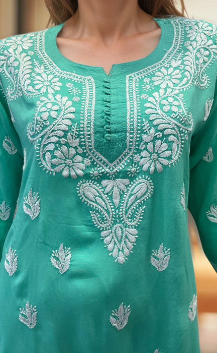 Sea Green Chikankari Short Kurti. Flowy Rayon Fabric. | Laces and Frills