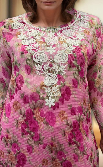 Pink Chikankari Kurti. Kota Doria Fabric. | Laces and Frills