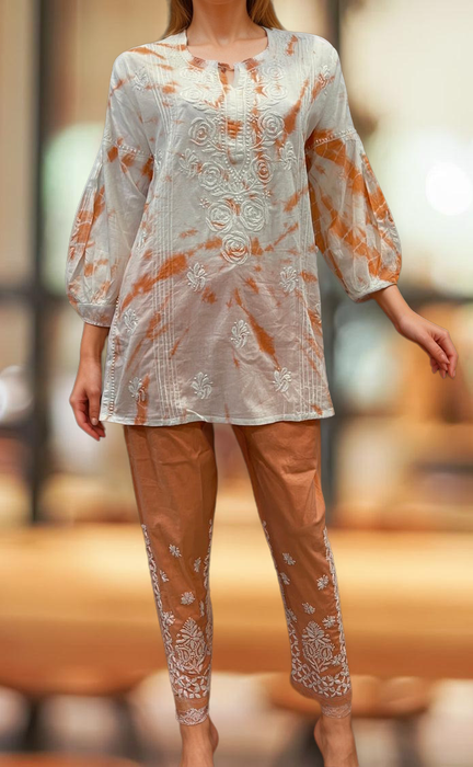 White/Orange Chikankari Short Kurti/Pant Co-Ord Set . Versatile Cotton Fabric. | Laces and Frills