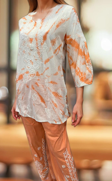 White/Orange Chikankari Short Kurti/Pant Co-Ord Set . Versatile Cotton Fabric. | Laces and Frills