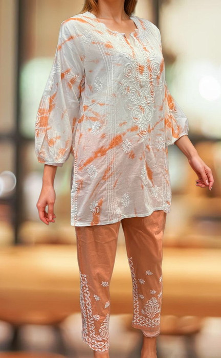 White/Orange Chikankari Short Kurti/Pant Co-Ord Set . Versatile Cotton Fabric. | Laces and Frills