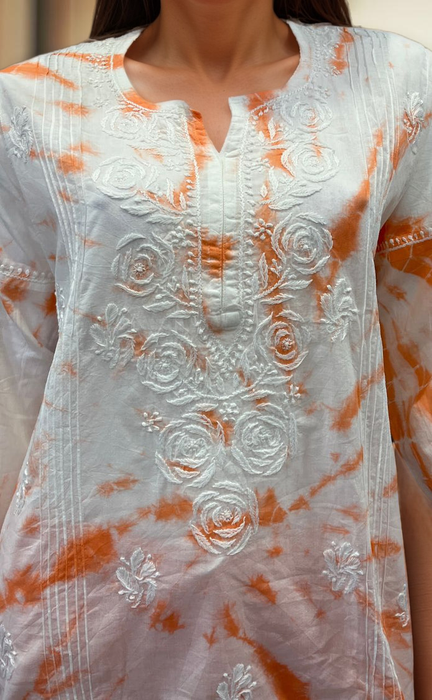 White/Orange Chikankari Short Kurti/Pant Co-Ord Set . Versatile Cotton Fabric. | Laces and Frills