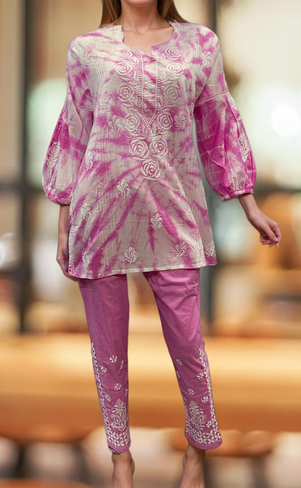 White/Pink Chikankari Short Kurti/Pant Co-Ord Set . Versatile Cotton Fabric. | Laces and Frills