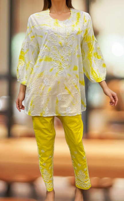 White/Yellow Chikankari Short Kurti/Pant Co-Ord Set . Versatile Cotton Fabric. | Laces and Frills