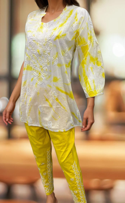 White/Yellow Chikankari Short Kurti/Pant Co-Ord Set . Versatile Cotton Fabric. | Laces and Frills