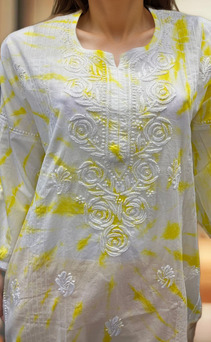 White/Yellow Chikankari Short Kurti/Pant Co-Ord Set . Versatile Cotton Fabric. | Laces and Frills