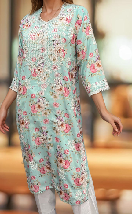 Sea Green Crepe Lucknowi Chikankari Embroidery Kurti.  Elegant Crepe Fabric. | Laces and Frills