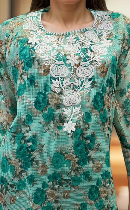 Green Chikankari Kurti. Kota Doria Fabric. | Laces and Frills