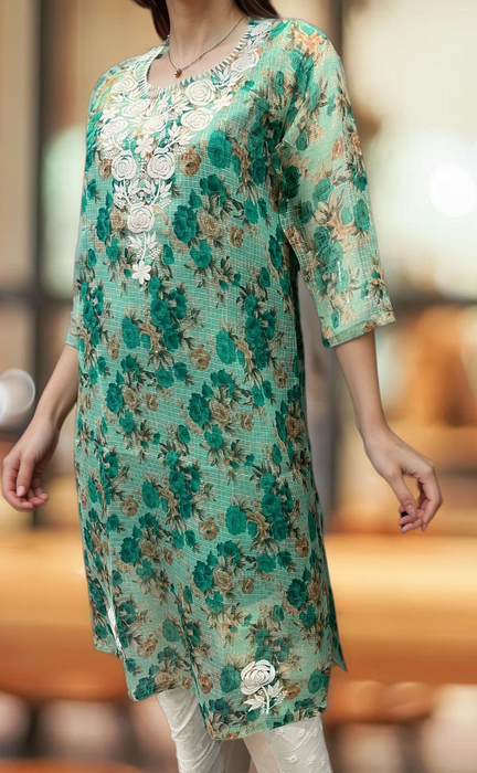 Green Chikankari Kurti. Kota Doria Fabric. | Laces and Frills