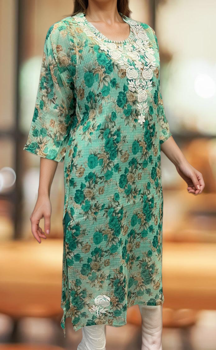 Green Chikankari Kurti. Kota Doria Fabric. | Laces and Frills