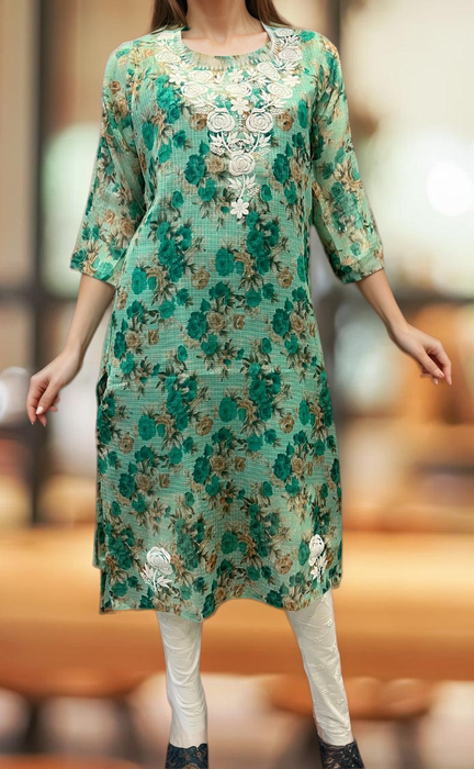 Green Chikankari Kurti. Kota Doria Fabric. | Laces and Frills