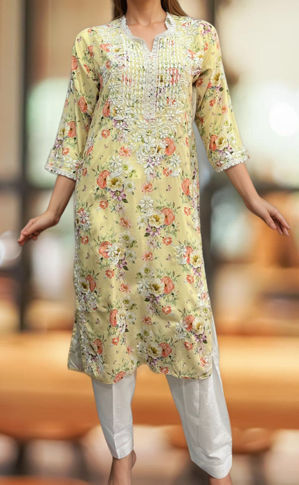 Yellow Crepe Lucknowi Chikankari Embroidery Kurti.  Elegant Crepe Fabric. | Laces and Frills