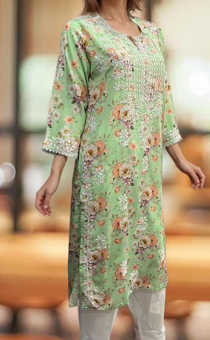 Green Crepe Lucknowi Chikankari Embroidery Kurti.  Elegant Crepe Fabric. | Laces and Frills