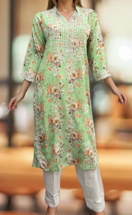 Green Crepe Lucknowi Chikankari Embroidery Kurti.  Elegant Crepe Fabric. | Laces and Frills