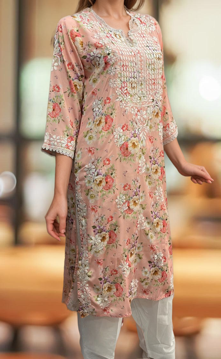 Peach Crepe Lucknowi Chikankari Embroidery Kurti.  Elegant Crepe Fabric. | Laces and Frills