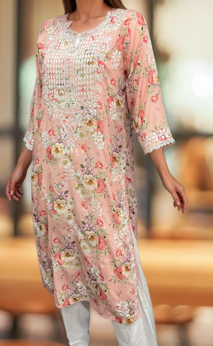 Peach Crepe Lucknowi Chikankari Embroidery Kurti.  Elegant Crepe Fabric. | Laces and Frills