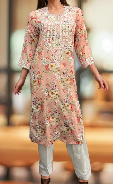 Peach Crepe Lucknowi Chikankari Embroidery Kurti.  Elegant Crepe Fabric. | Laces and Frills