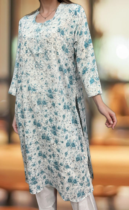 Sky Blue/White Lucknowi Chikankari Embroidery Kurti.  Versatile Cotton Fabric. | Laces and Frills