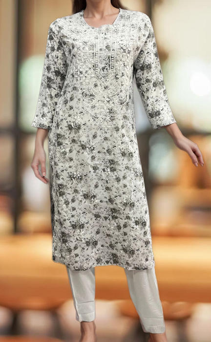 Grey/White Lucknowi Chikankari Embroidery Kurti.  Versatile Cotton Fabric. | Laces and Frills