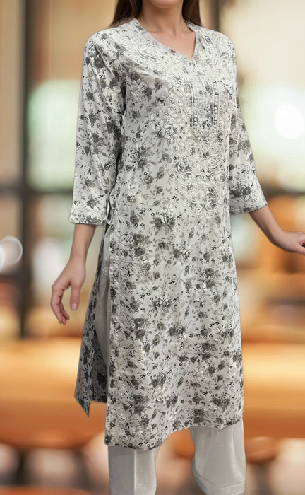 Grey/White Lucknowi Chikankari Embroidery Kurti.  Versatile Cotton Fabric. | Laces and Frills