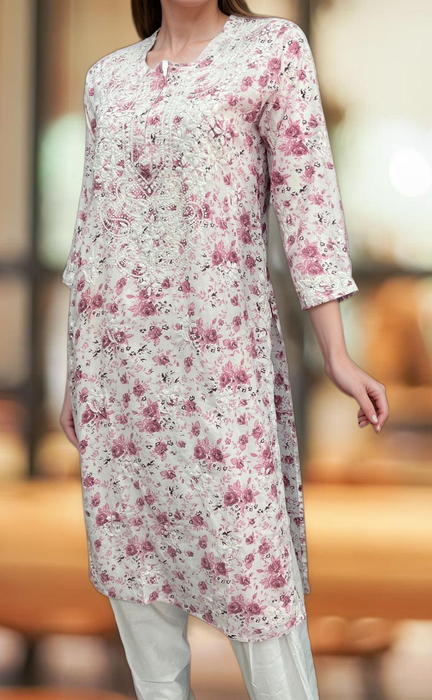 Pink/White Lucknowi Chikankari Embroidery Kurti.  Versatile Cotton Fabric. | Laces and Frills