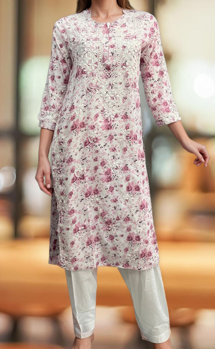 Pink/White Lucknowi Chikankari Embroidery Kurti.  Versatile Cotton Fabric. | Laces and Frills