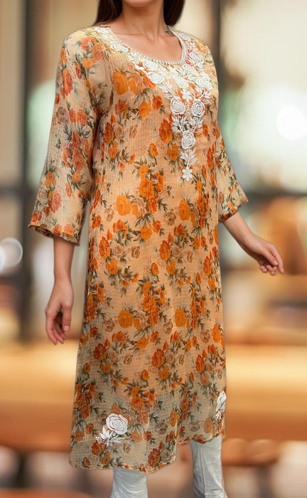 Orange Chikankari Kurti. Kota Doria Fabric. | Laces and Frills