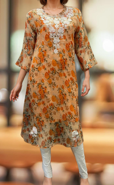 Orange Chikankari Kurti. Kota Doria Fabric. | Laces and Frills