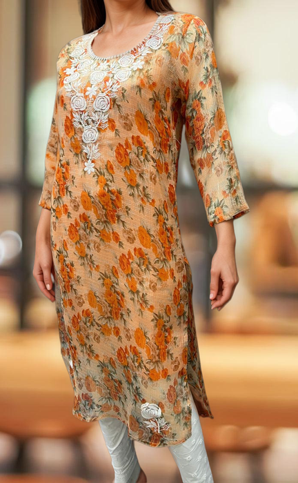 Orange Chikankari Kurti. Kota Doria Fabric. | Laces and Frills