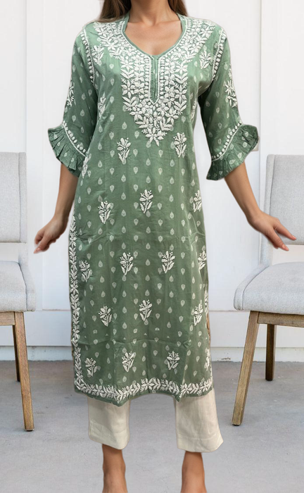 Pista Green Lucknowi Kurti.  Versatile Cotton Fabric. | Laces and Frills