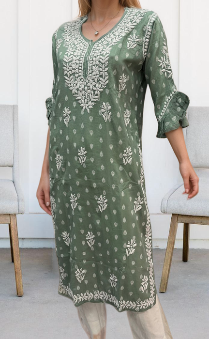 Pista Green Lucknowi Kurti.  Versatile Cotton Fabric. | Laces and Frills