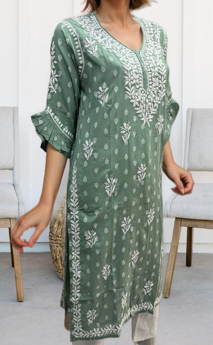 Pista Green Lucknowi Kurti.  Versatile Cotton Fabric. | Laces and Frills