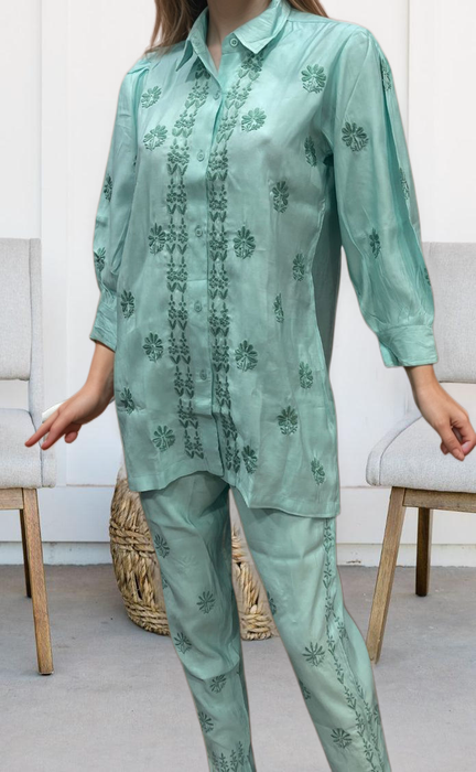 Sea Green Chikankari Short Kurti/Pant Co-Ord Set . Versatile Cotton Fabric. | Laces and Frills