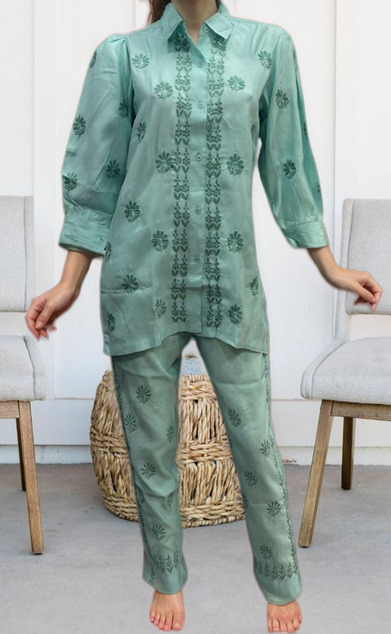 Sea Green Chikankari Short Kurti/Pant Co-Ord Set . Versatile Cotton Fabric. | Laces and Frills