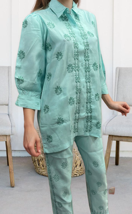 Sea Green Chikankari Short Kurti/Pant Co-Ord Set . Versatile Cotton Fabric. | Laces and Frills