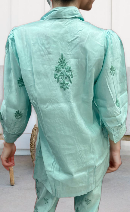 Sea Green Chikankari Short Kurti/Pant Co-Ord Set . Versatile Cotton Fabric. | Laces and Frills