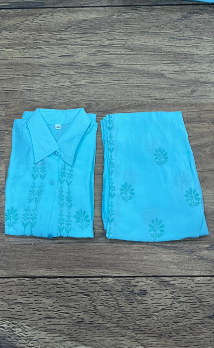 Sea Green Chikankari Short Kurti/Pant Co-Ord Set . Versatile Cotton Fabric. | Laces and Frills