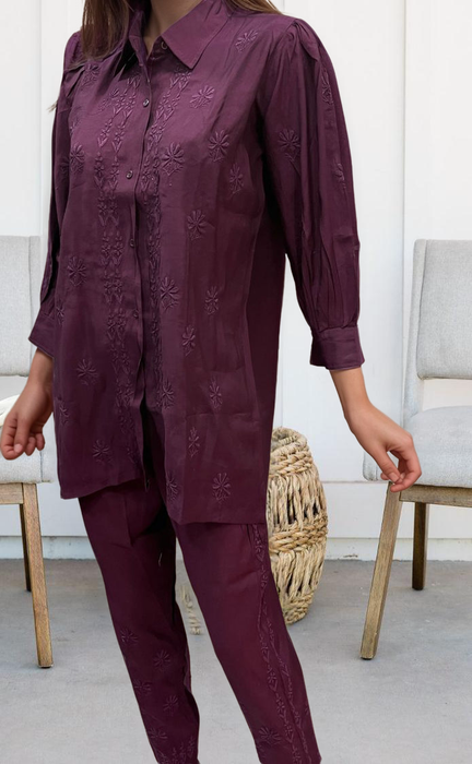 Dark Violet Chikankari Short Kurti/Pant Co-Ord Set . Versatile Cotton Fabric. | Laces and Frills