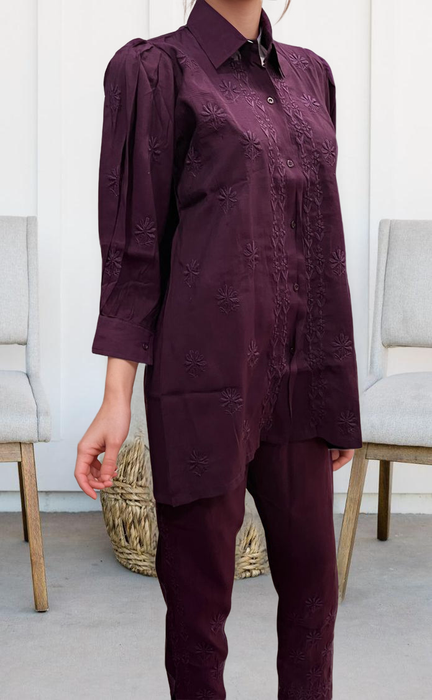 Dark Violet Chikankari Short Kurti/Pant Co-Ord Set . Versatile Cotton Fabric. | Laces and Frills