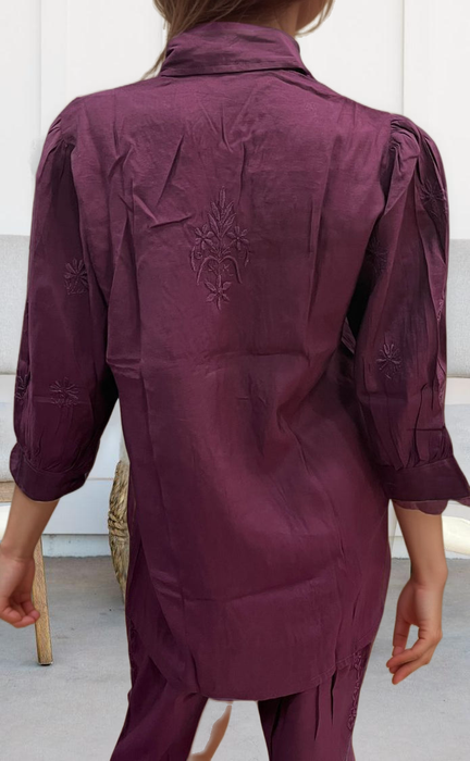 Dark Violet Chikankari Short Kurti/Pant Co-Ord Set . Versatile Cotton Fabric. | Laces and Frills