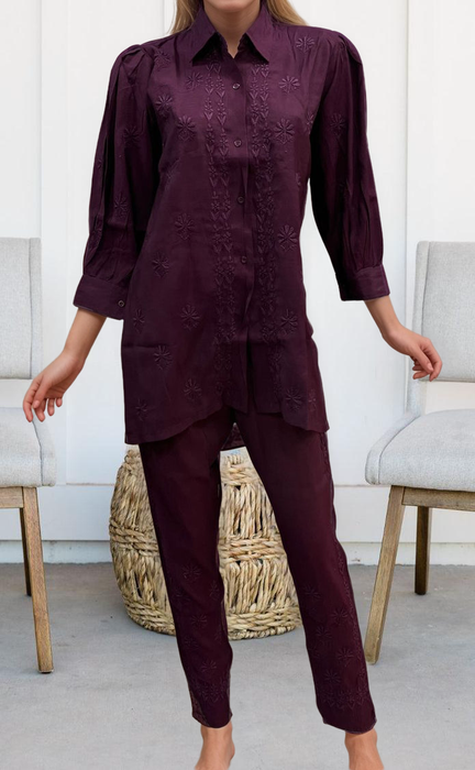 Dark Violet Chikankari Short Kurti/Pant Co-Ord Set . Versatile Cotton Fabric. | Laces and Frills