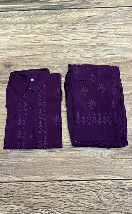 Dark Violet Chikankari Short Kurti/Pant Co-Ord Set . Versatile Cotton Fabric. | Laces and Frills - Laces and Frills