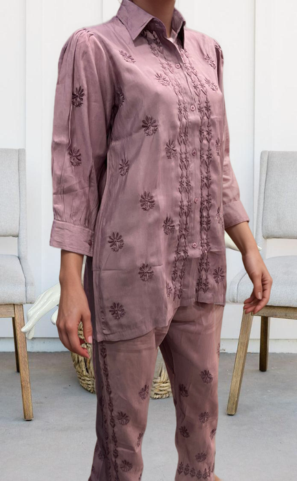 Onion Pink Chikankari Short Kurti/Pant Co-Ord Set . Versatile Cotton Fabric. | Laces and Frills