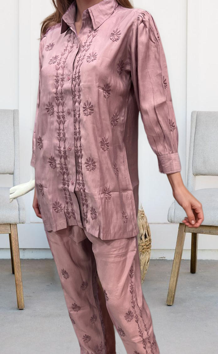 Onion Pink Chikankari Short Kurti/Pant Co-Ord Set . Versatile Cotton Fabric. | Laces and Frills