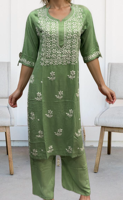 Pista Green Chikankari Kurti Set. Flowy Rayon Fabric. | Laces and Frills