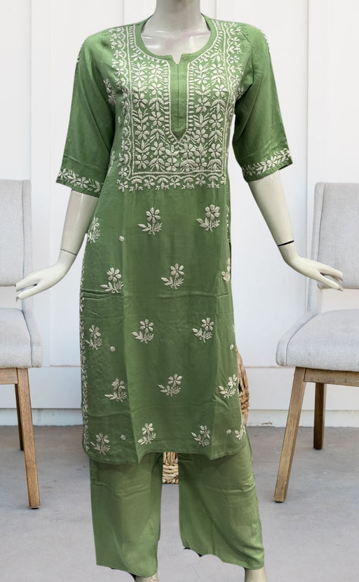 Pista Green Chikankari Kurti Set. Flowy Rayon Fabric. | Laces and Frills - Laces and Frills