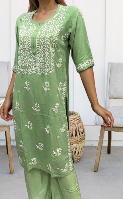 Pista Green Chikankari Kurti Set. Flowy Rayon Fabric. | Laces and Frills